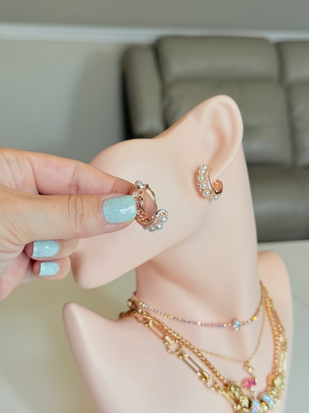 Rose Gold Pearl Huggie Earrings - Picture 6 of 10